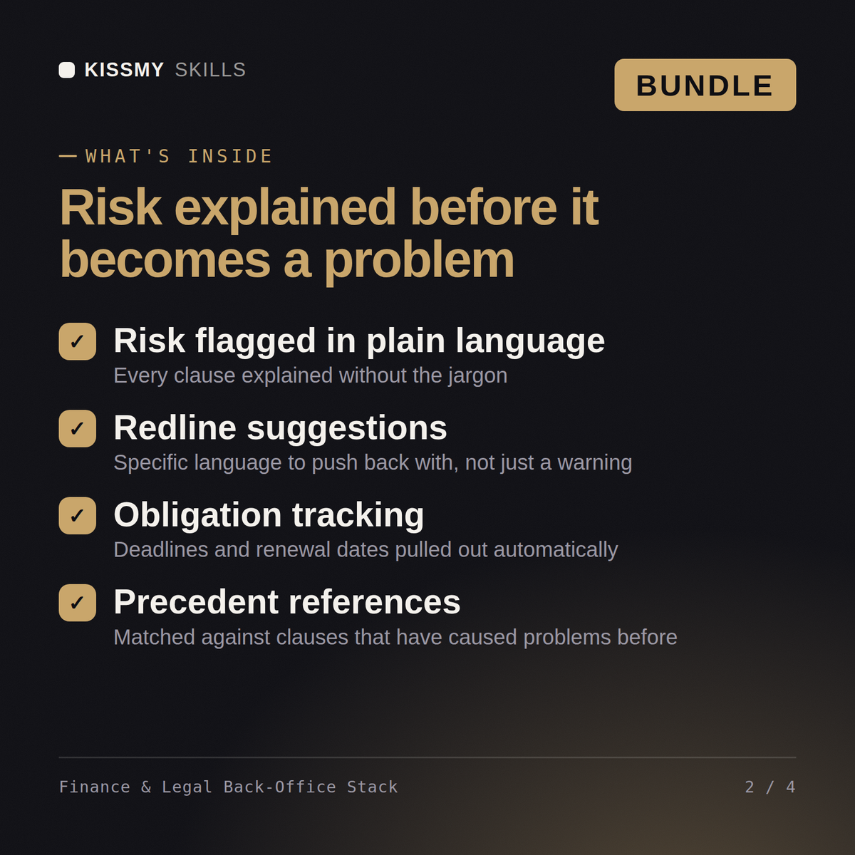 What's inside the Finance & Legal Back-Office Stack AI bundle: Risk flagged in plain language, Redline suggestions, Obligation tracking, Precedent references