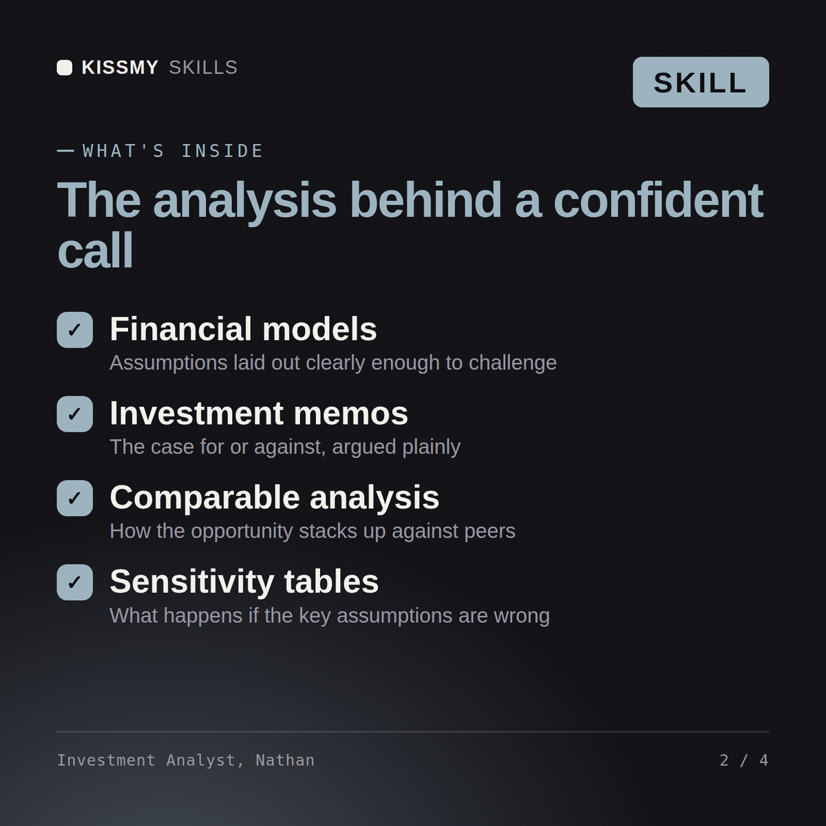 What's inside the Investment Analyst, Nathan AI skill: Financial models, Investment memos, Comparable analysis, Sensitivity tables