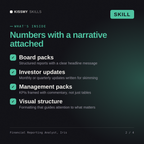 What's inside the Financial Reporting Analyst, Iris AI skill: Board packs, Investor updates, Management packs, Visual structure