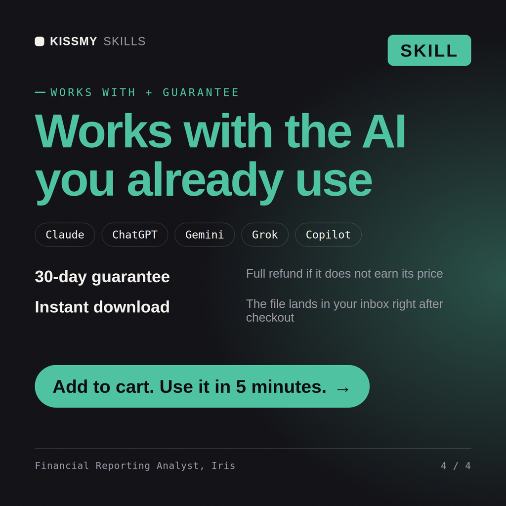 The Financial Reporting Analyst, Iris AI skill works with Claude, ChatGPT, Gemini and any AI chat, 30-day money-back guarantee
