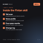 What's inside the Fintan - AI Text Humanizer Editor AI skill: Tell scan, Voice profile, Four-pass rewrite, Change log