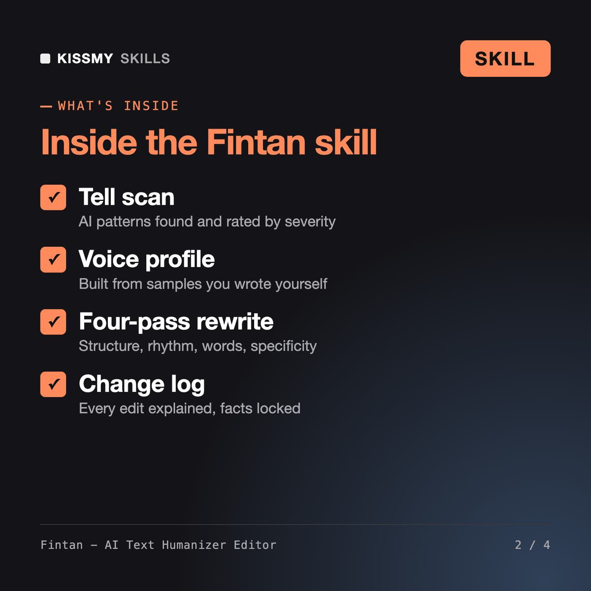 What's inside the Fintan - AI Text Humanizer Editor AI skill: Tell scan, Voice profile, Four-pass rewrite, Change log