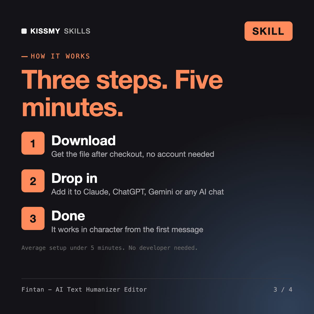 How the Fintan - AI Text Humanizer Editor AI skill works in three steps: download, drop it into your AI chat, done