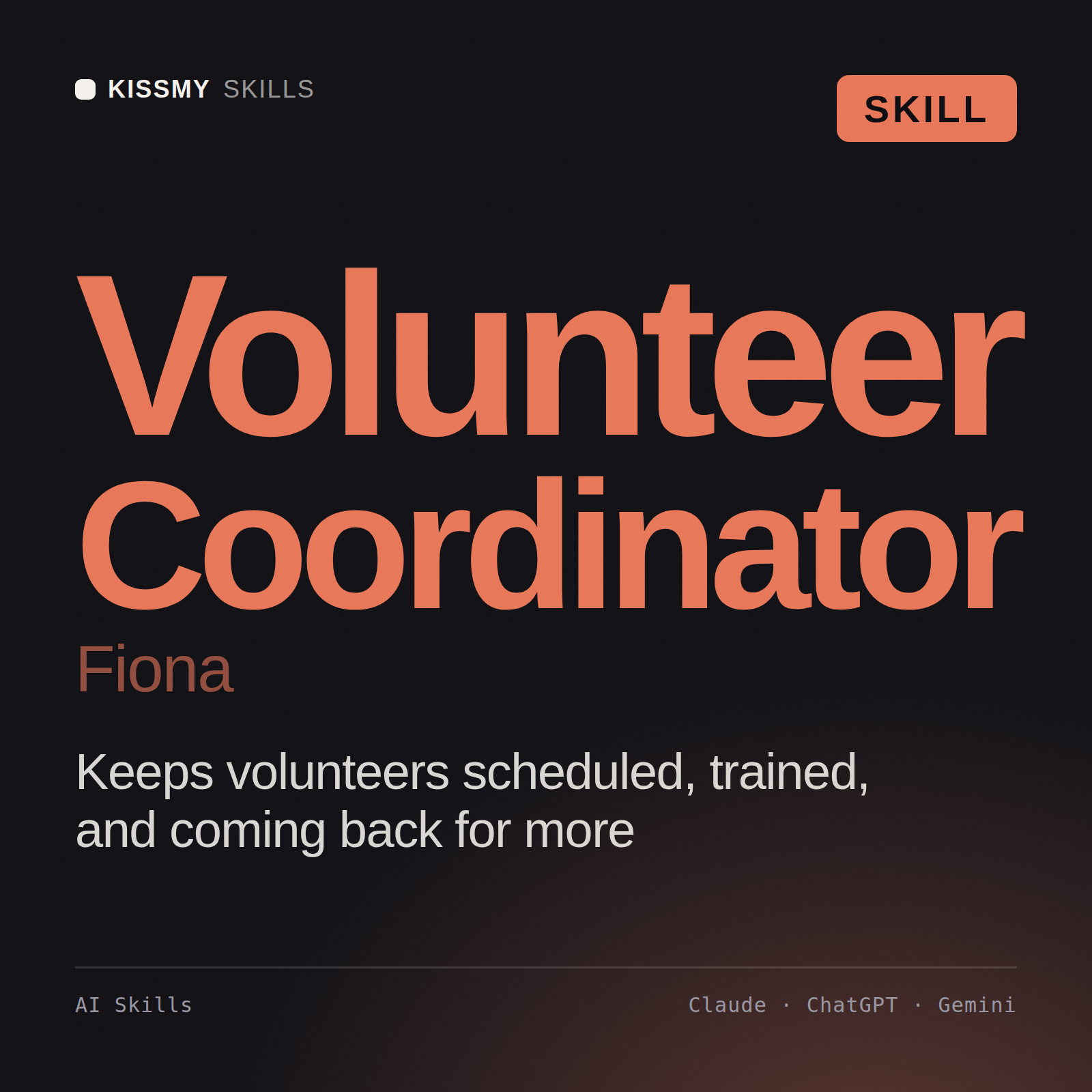 Volunteer Coordinator, Fiona AI skill by KissMySkills, cover