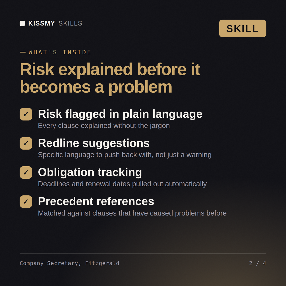 What's inside the Company Secretary, Fitzgerald AI skill: Risk flagged in plain language, Redline suggestions, Obligation tracking, Precedent references