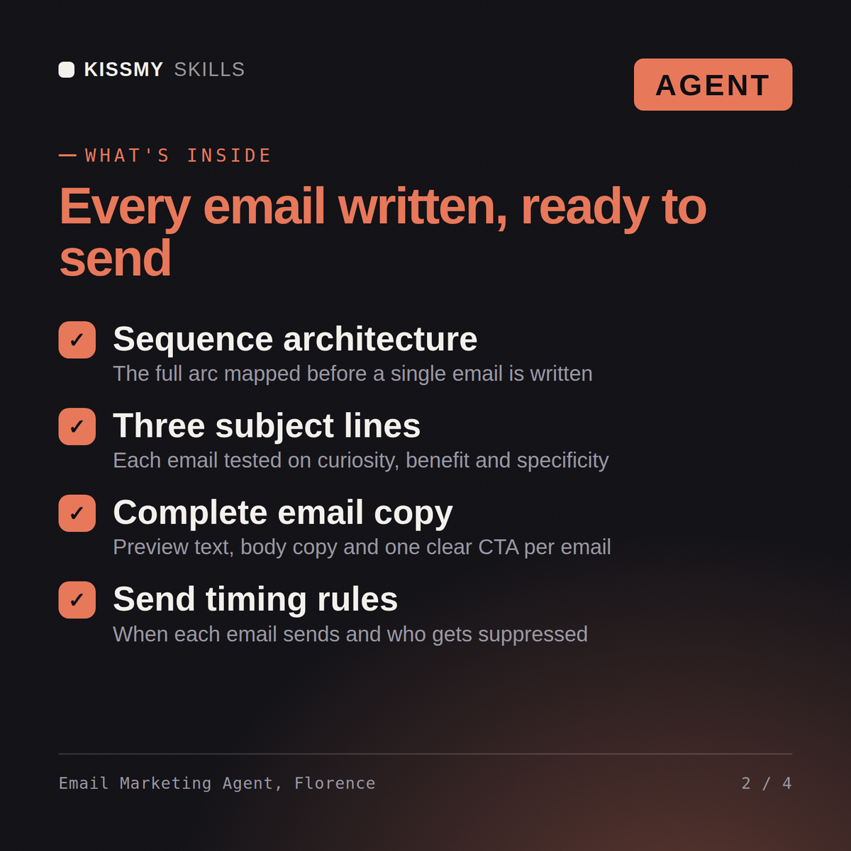What's inside the Email Marketing Agent, Florence AI agent: Sequence architecture, Three subject lines, Complete email copy, Send timing rules