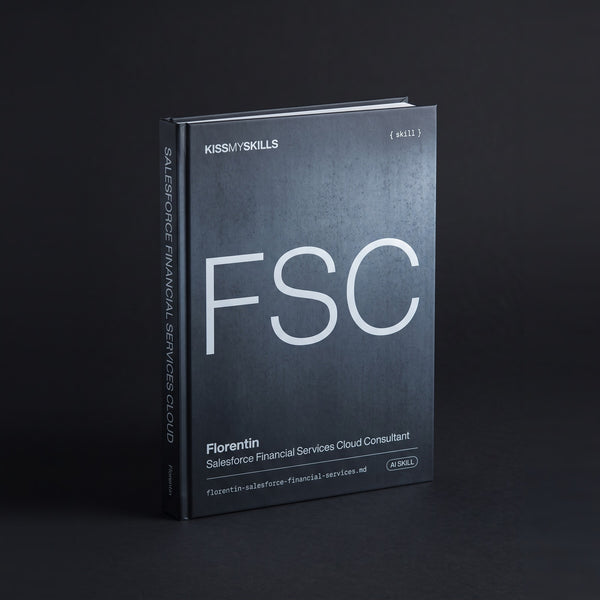 Salesforce Financial Services Cloud Consultant Claude skill by KissMySkills, hardcover volume cover