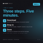 How the Subtitle Translator, Florentyna AI skill works in three steps: download, drop it into your AI chat, done