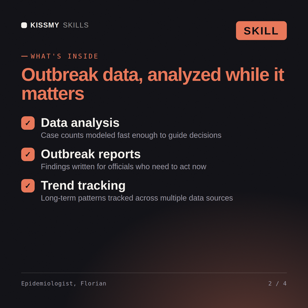 What's inside the Epidemiologist, Florian AI skill: Data analysis, Outbreak reports, Trend tracking