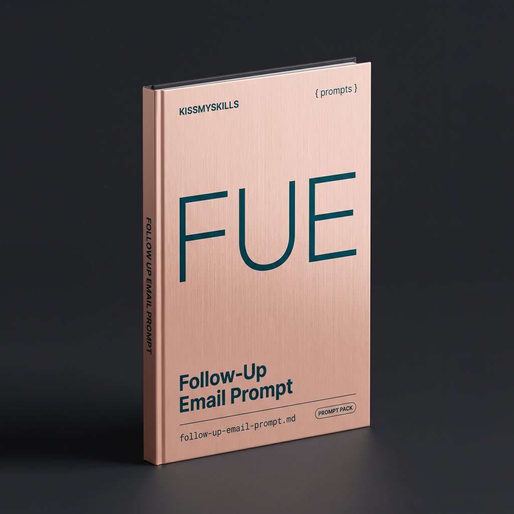 Follow-Up Email prompts for Claude by KissMySkills, brushed pale copper metal cover with the monogram FUE
