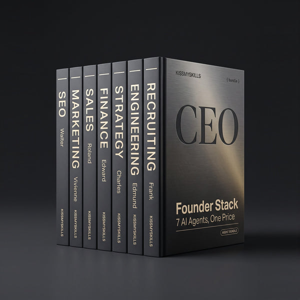 Founder Stack Bundle by KissMySkills, eight hardcover volumes covering SEO, Marketing, Sales, Finance, Strategy, Engineering and Recruiting