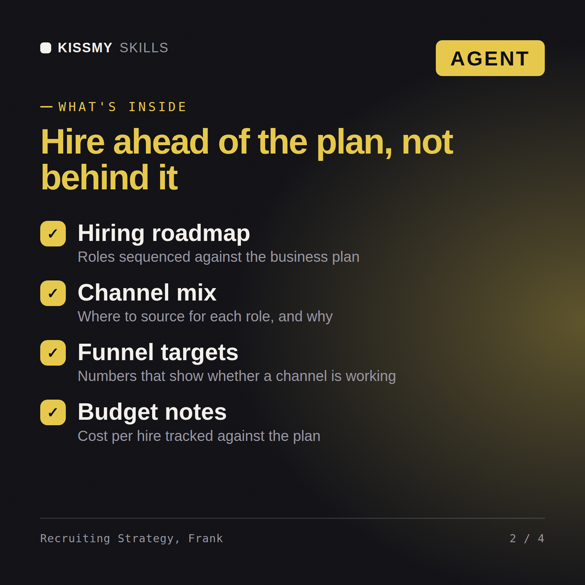 What's inside the Recruiting Strategy, Frank AI agent: Hiring roadmap, Channel mix, Funnel targets, Budget notes