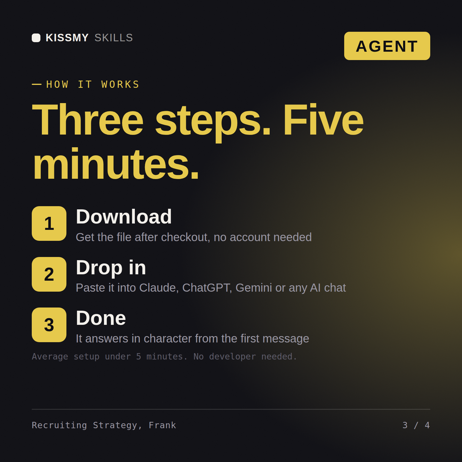 How the Recruiting Strategy, Frank AI agent works in three steps: download, drop it into your AI chat, done