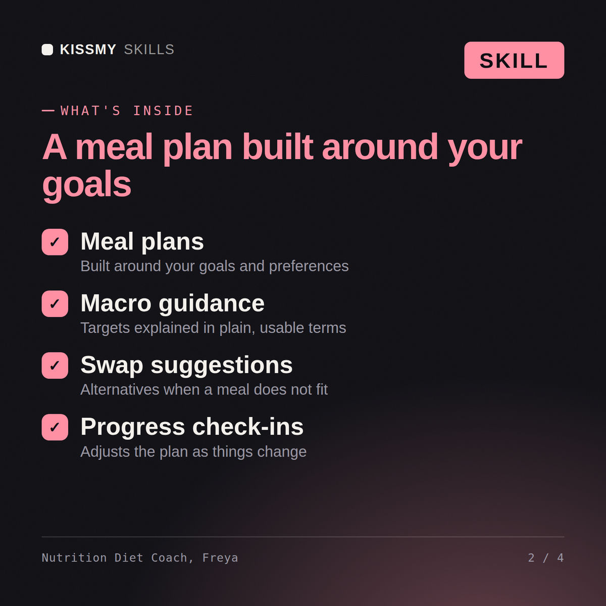 What's inside the Nutrition Diet Coach, Freya AI skill: Meal plans, Macro guidance, Swap suggestions, Progress check-ins
