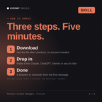 How the Podcast Growth Manager, Fritjof AI skill works in three steps: download, drop it into your AI chat, done