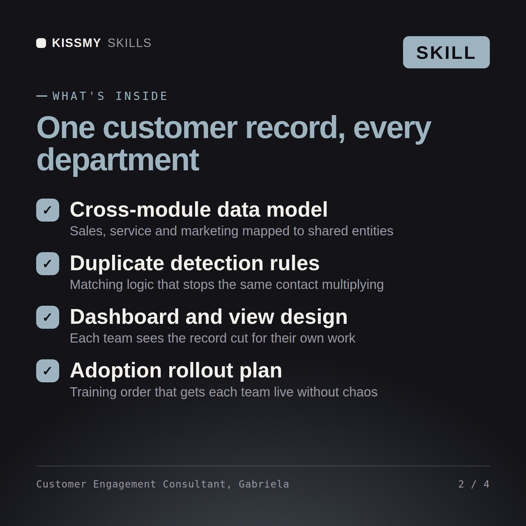 What's inside the Customer Engagement Consultant, Gabriela AI skill: Cross-module data model, Duplicate detection rules, Dashboard and view design, Adoption rollout plan
