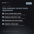 What's inside the Customer Engagement Consultant, Gabriela AI skill: Cross-module data model, Duplicate detection rules, Dashboard and view design, Adoption rollout plan
