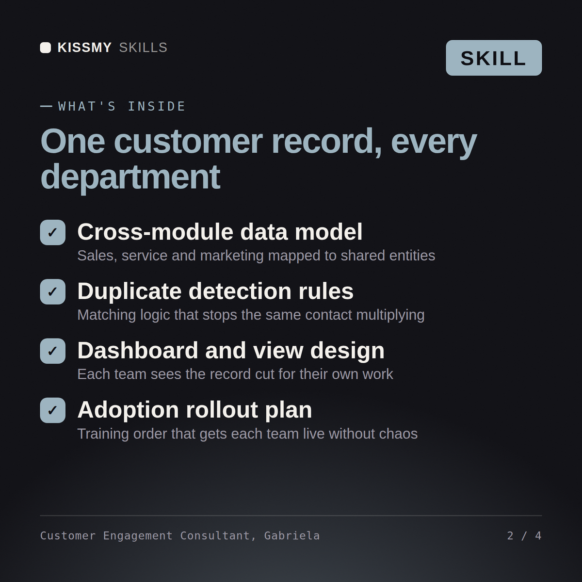 What's inside the Customer Engagement Consultant, Gabriela AI skill: Cross-module data model, Duplicate detection rules, Dashboard and view design, Adoption rollout plan