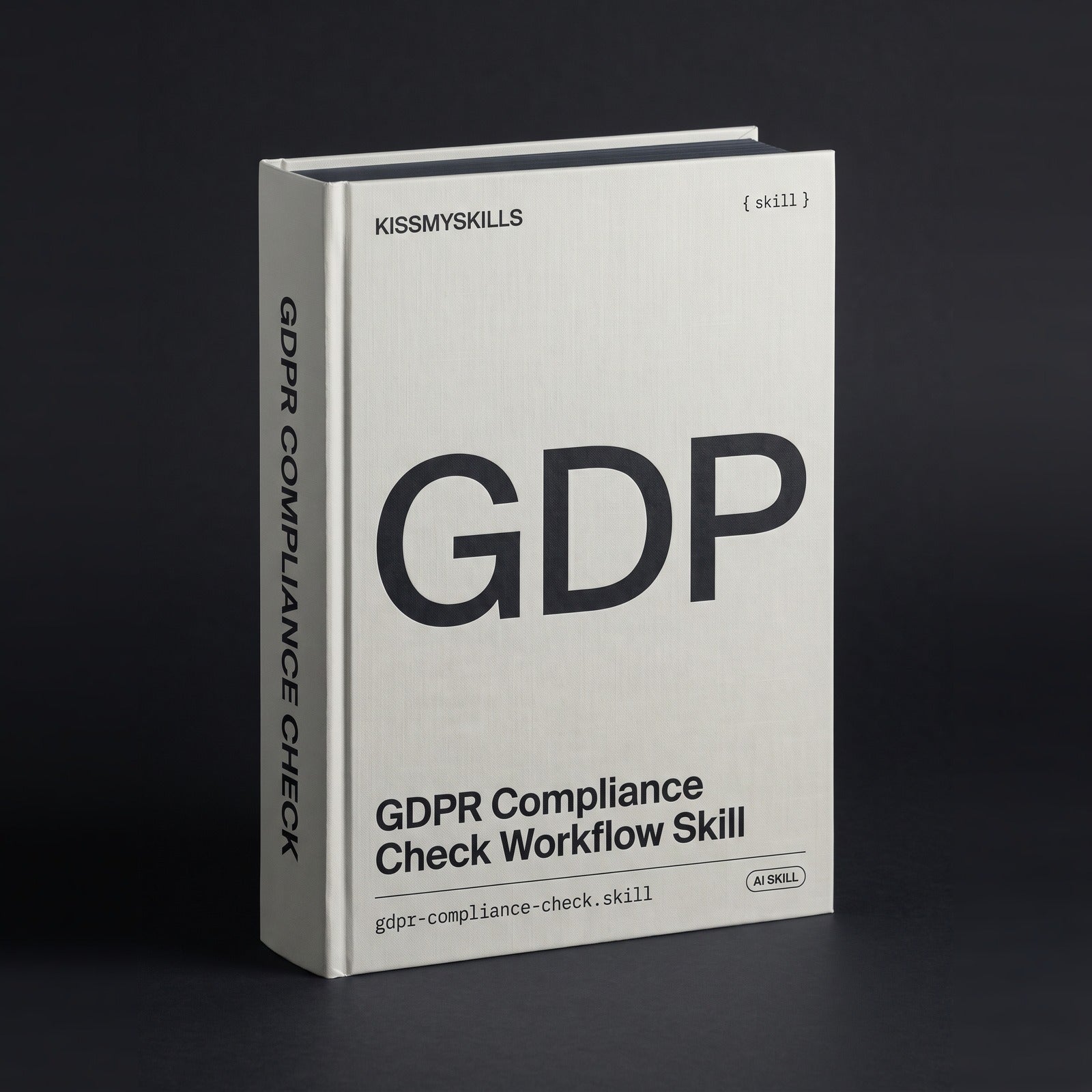 GDPR Compliance Check Claude skill by KissMySkills, soft oyster-grey laid paper cover with the monogram GDP