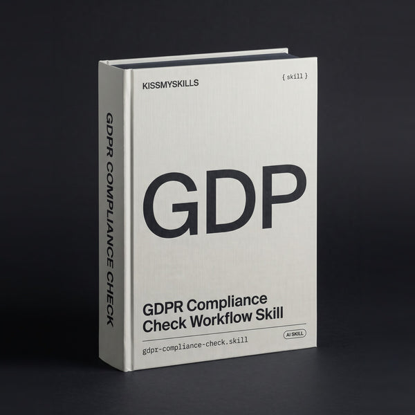 GDPR Compliance Check Claude skill by KissMySkills, soft oyster-grey laid paper cover with the monogram GDP
