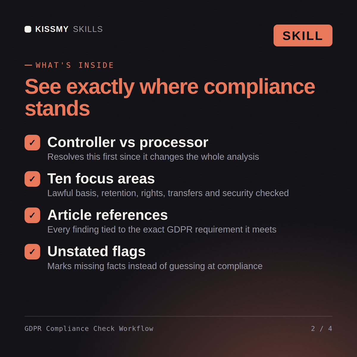 What's inside the GDPR Compliance Check Workflow AI skill: Controller vs processor, Ten focus areas, Article references, Unstated flags