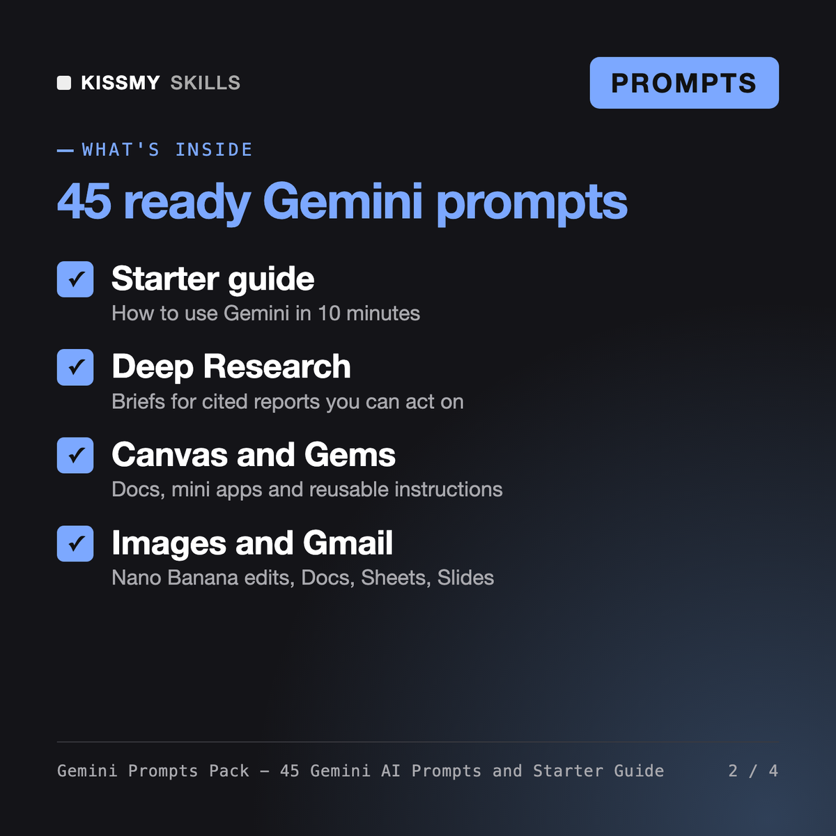 What's inside the Gemini Prompts Pack - 45 Gemini AI Prompts and Starter Guide: Starter guide, Deep Research, Canvas and Gems, Images and Gmail
