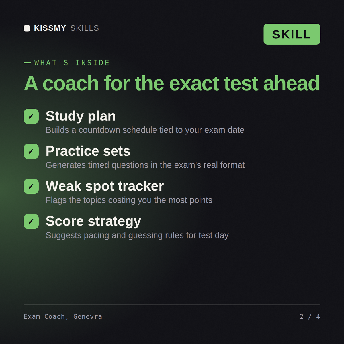 What's inside the Exam Coach, Genevra AI skill: Study plan, Practice sets, Weak spot tracker, Score strategy