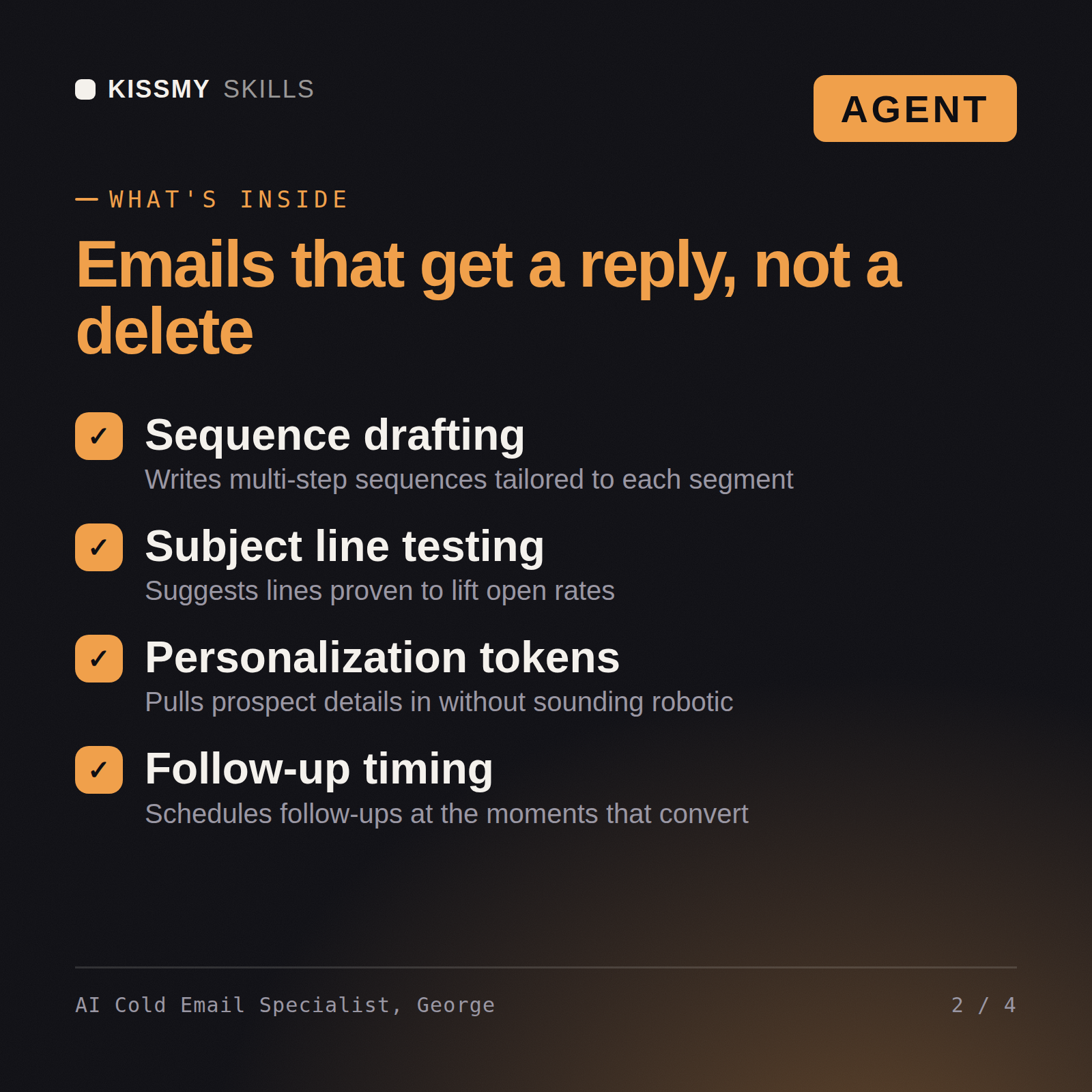 What's inside the AI Cold Email Specialist, George AI agent: Sequence drafting, Subject line testing, Personalization tokens, Follow-up timing