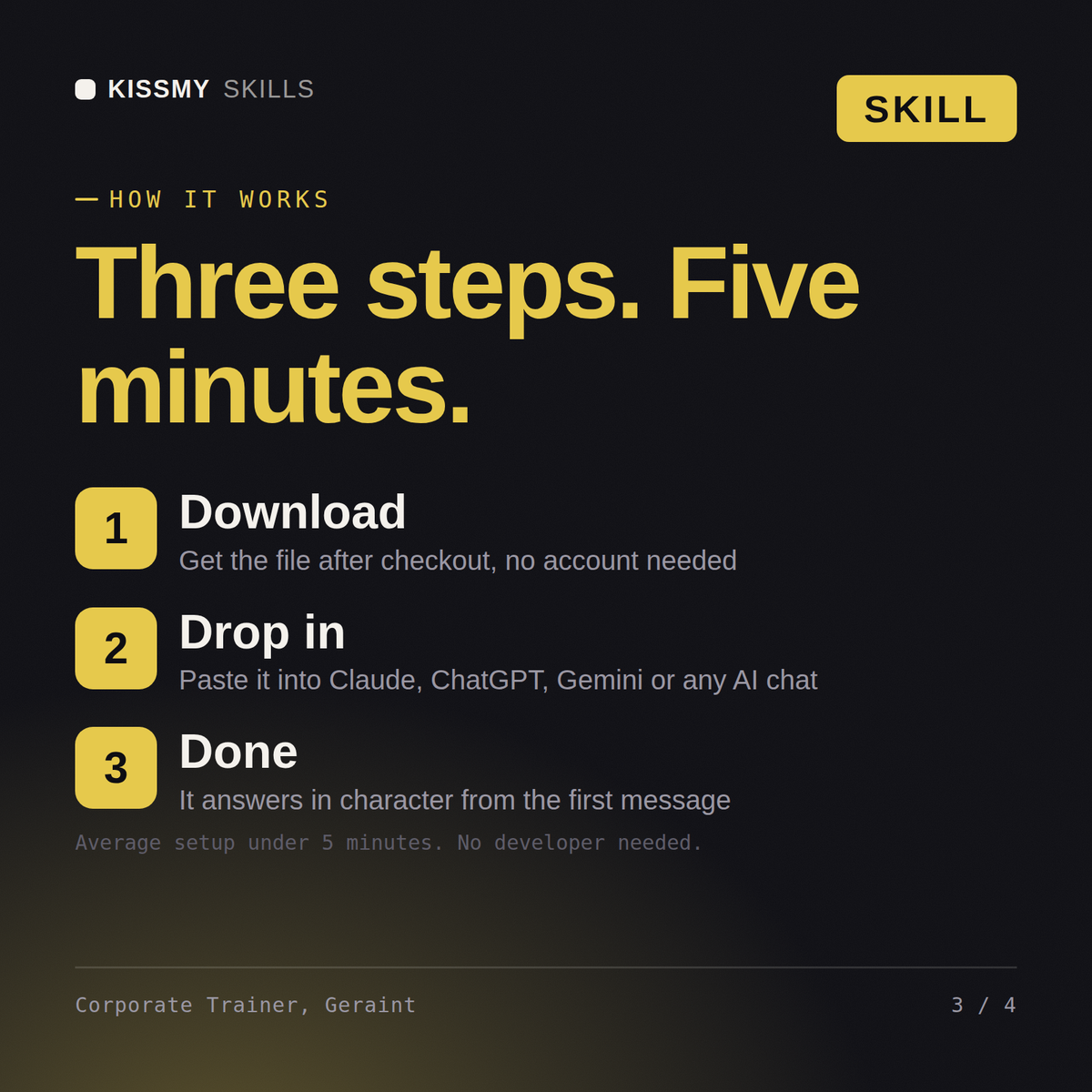 How the Corporate Trainer, Geraint AI skill works in three steps: download, drop it into your AI chat, done