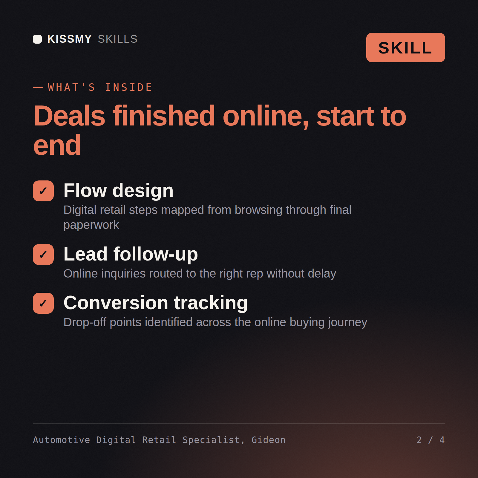 What's inside the Automotive Digital Retail Specialist, Gideon AI skill: Flow design, Lead follow-up, Conversion tracking