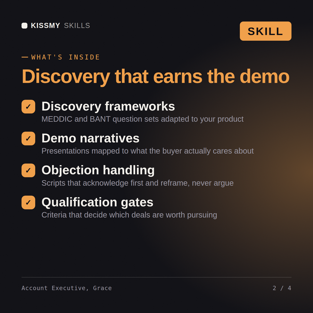 What's inside the Account Executive, Grace AI skill: Discovery frameworks, Demo narratives, Objection handling, Qualification gates