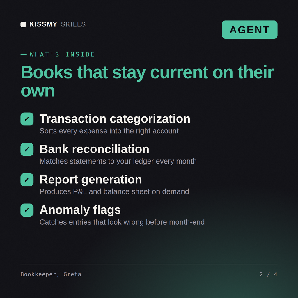 What's inside the Bookkeeper, Greta AI agent: Transaction categorization, Bank reconciliation, Report generation, Anomaly flags