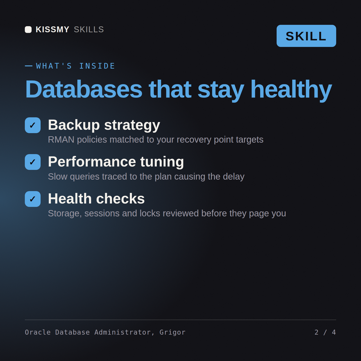 What's inside the Oracle Database Administrator, Grigor AI skill: Backup strategy, Performance tuning, Health checks
