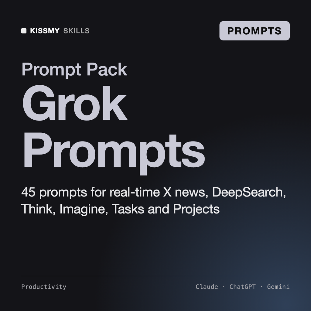 Grok Prompts Pack - 45 Grok AI Prompts and Starter Guide by KissMySkills, cover