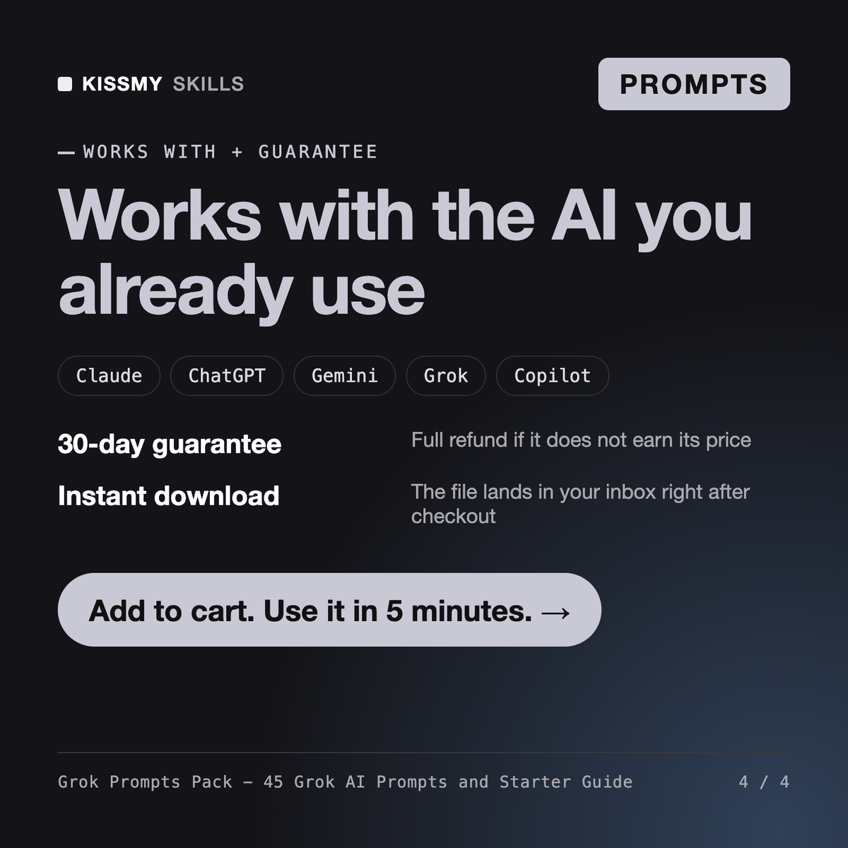 The Grok Prompts Pack - 45 Grok AI Prompts and Starter Guide works with Claude, ChatGPT, Gemini and any AI chat, 30-day money-back guarantee