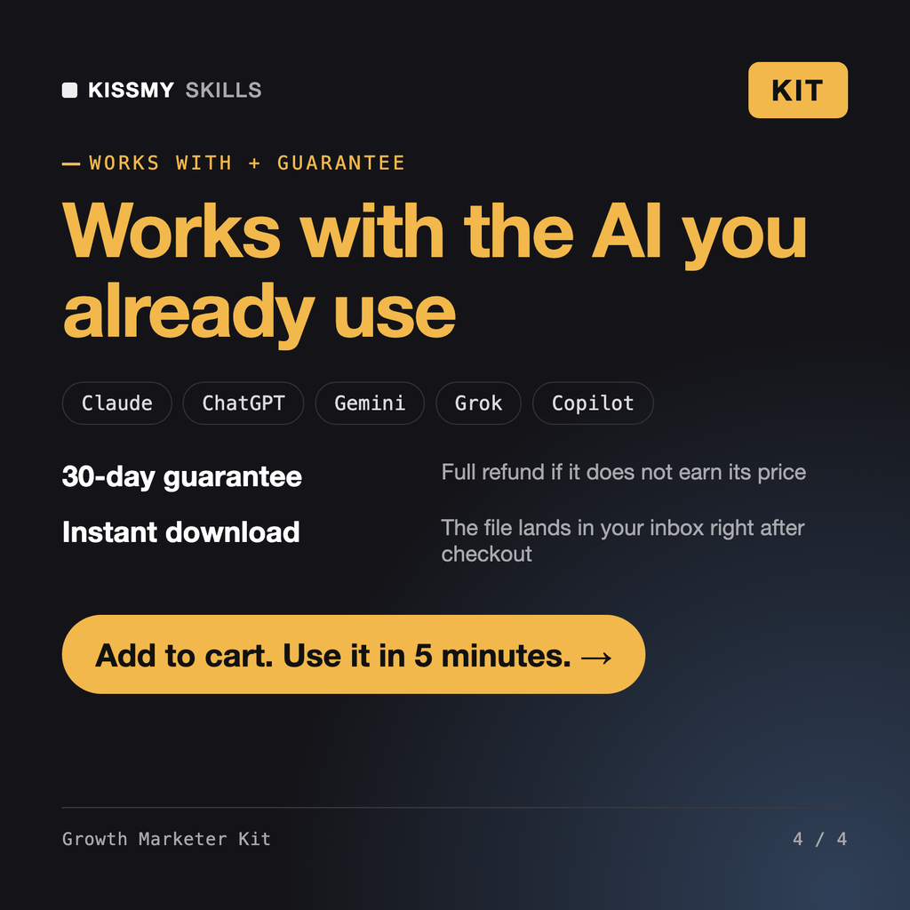 The Growth Marketer Kit works with Claude, ChatGPT, Gemini and any AI chat, 30-day money-back guarantee