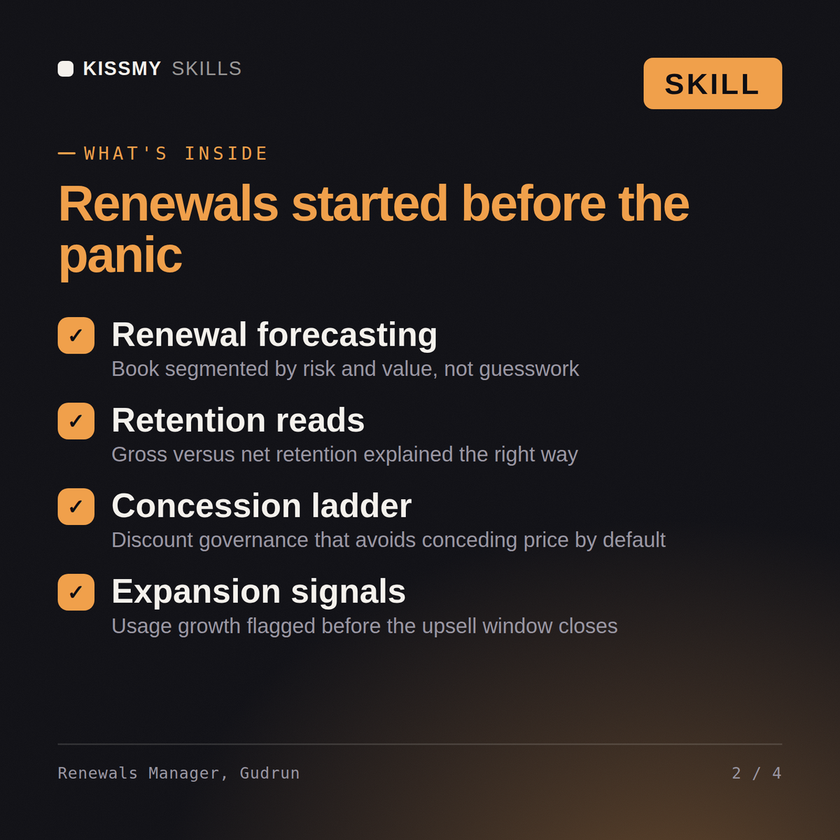 What's inside the Renewals Manager, Gudrun AI skill: Renewal forecasting, Retention reads, Concession ladder, Expansion signals
