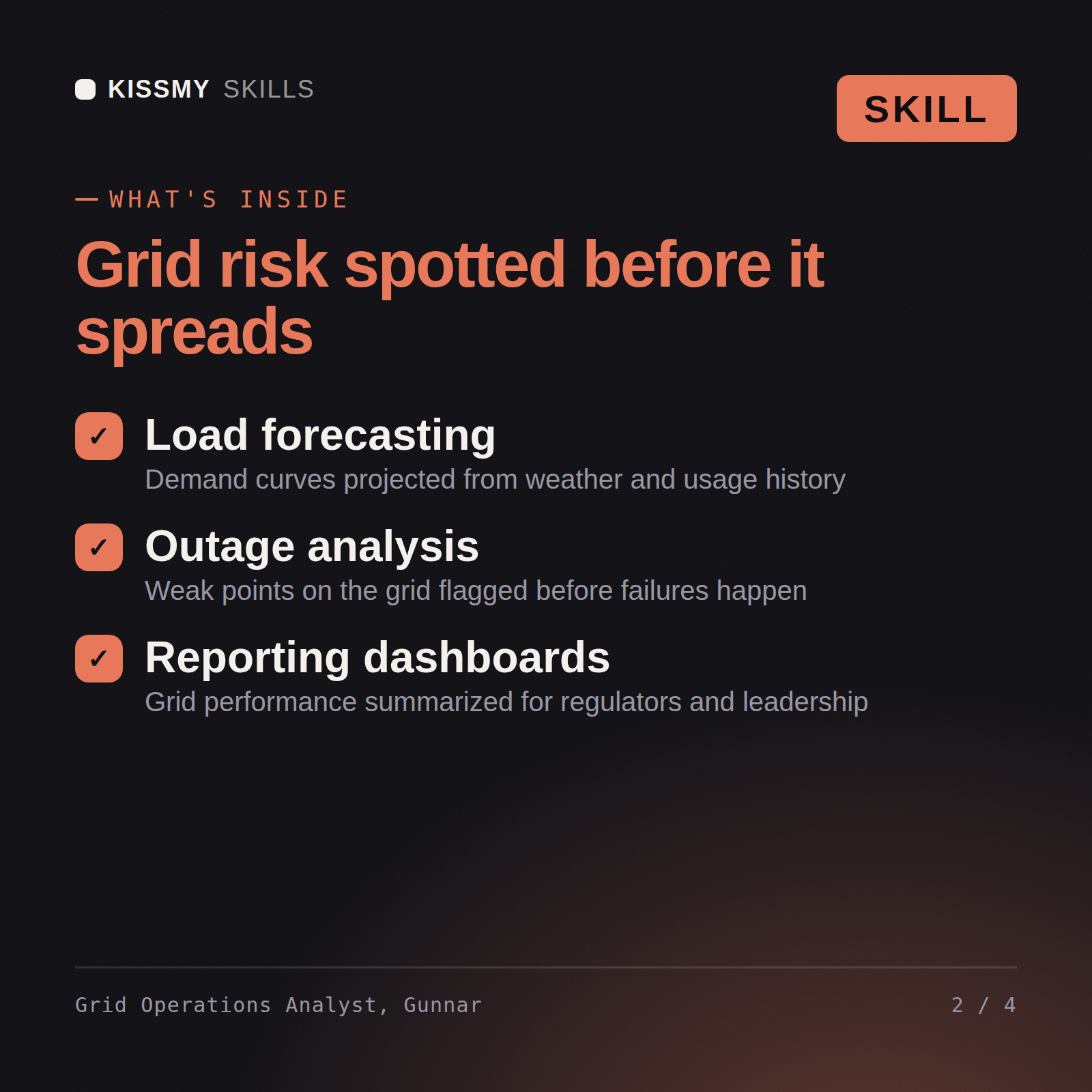 What's inside the Grid Operations Analyst, Gunnar AI skill: Load forecasting, Outage analysis, Reporting dashboards