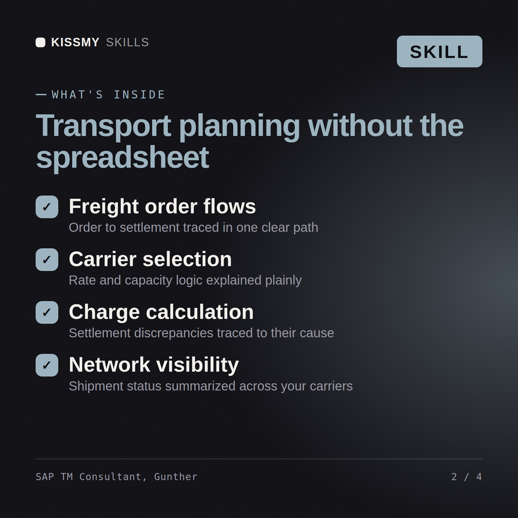 What's inside the SAP TM Consultant, Gunther AI skill: Freight order flows, Carrier selection, Charge calculation, Network visibility