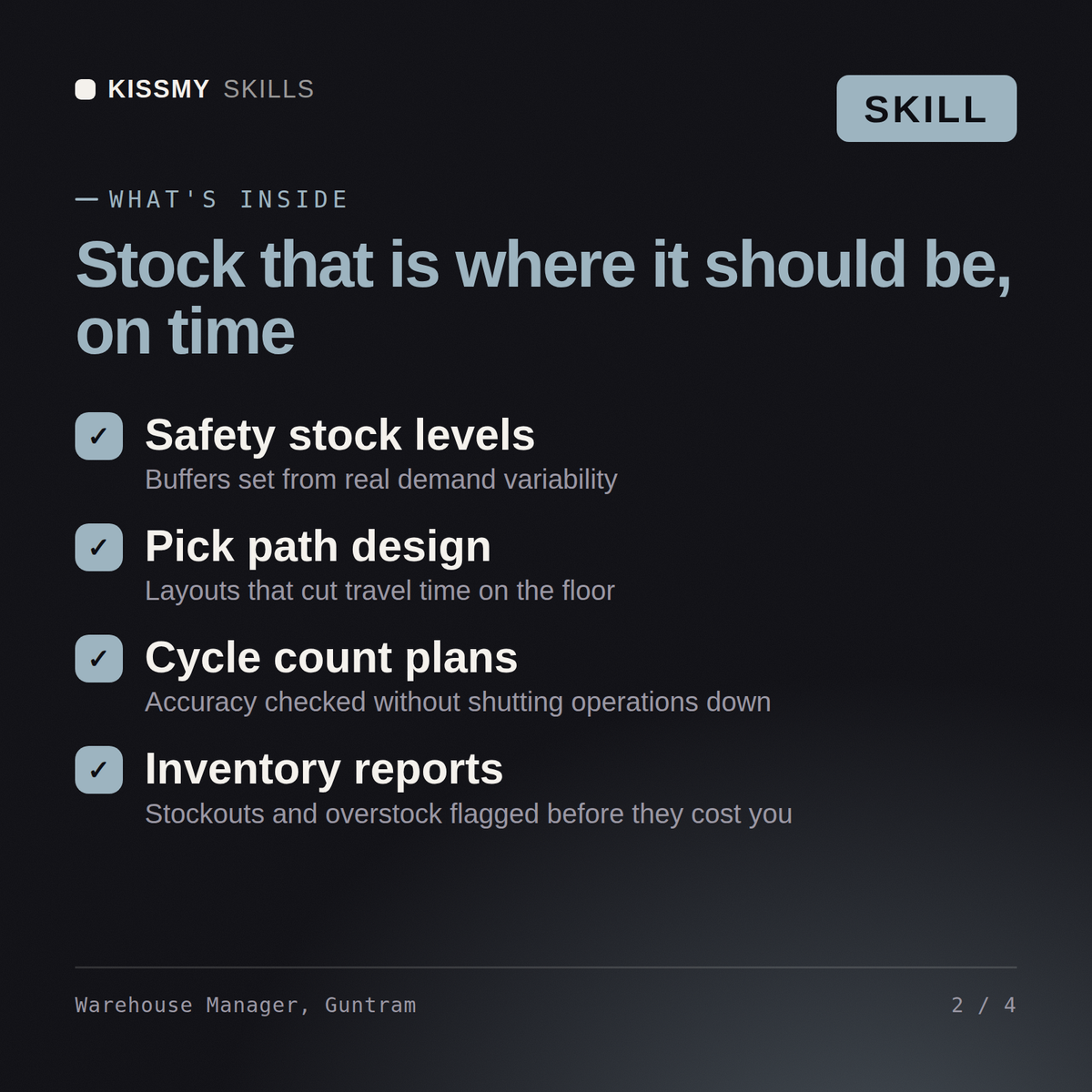 What's inside the Warehouse Manager, Guntram AI skill: Safety stock levels, Pick path design, Cycle count plans, Inventory reports