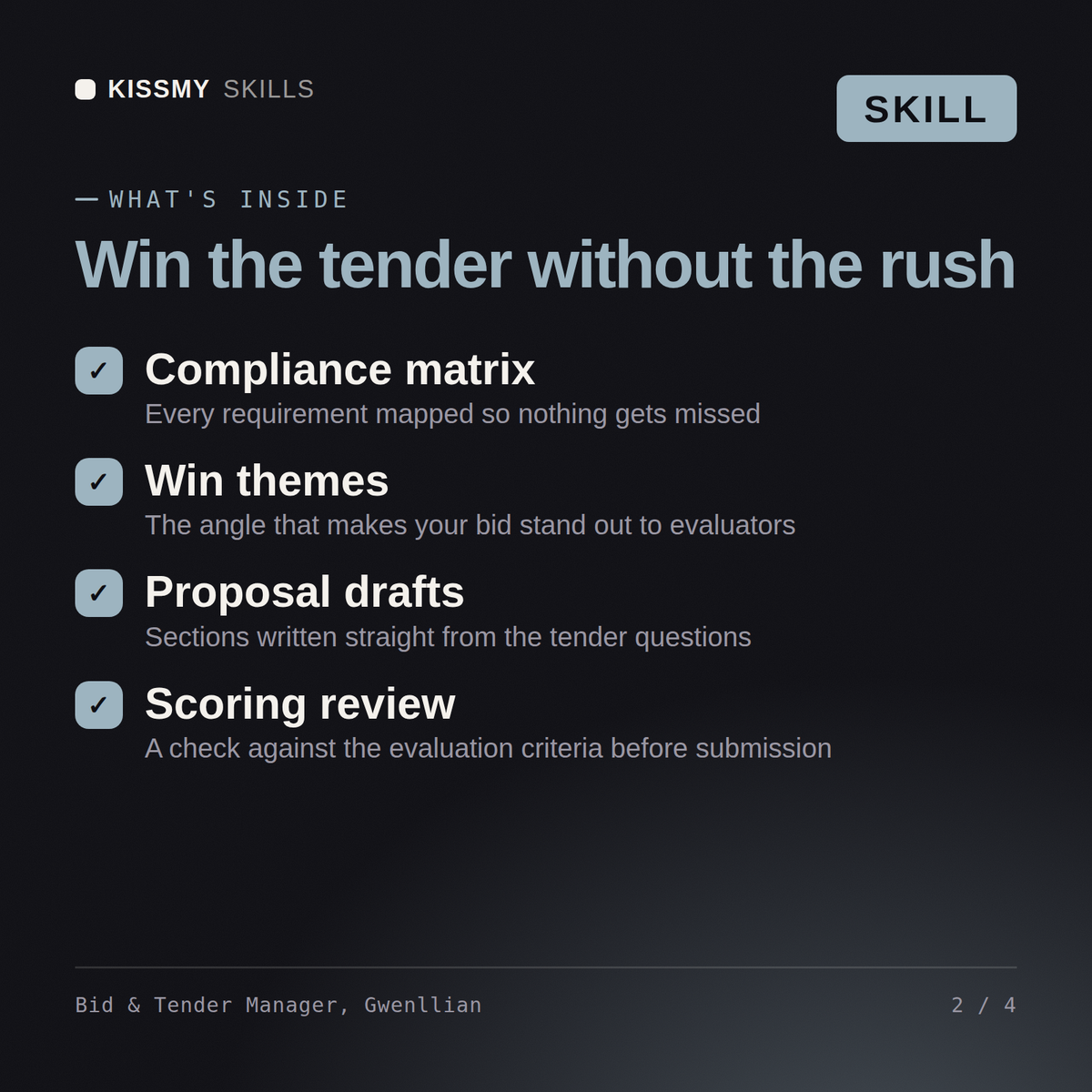 What's inside the Bid & Tender Manager, Gwenllian AI skill: Compliance matrix, Win themes, Proposal drafts, Scoring review