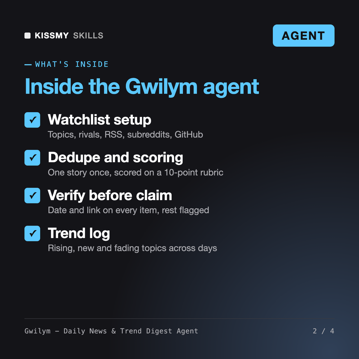 What's inside the Gwilym - Daily News & Trend Digest Agent: Watchlist setup, Dedupe and scoring, Verify before claim, Trend log