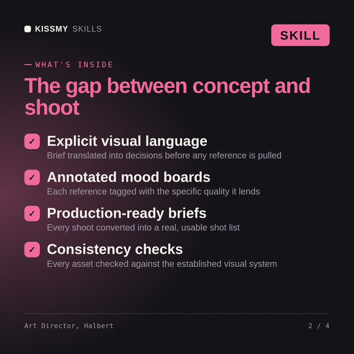 What's inside the Art Director, Halbert AI skill: Explicit visual language, Annotated mood boards, Production-ready briefs, Consistency checks