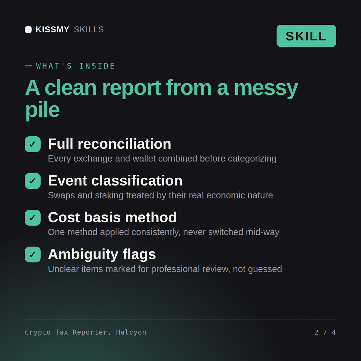What's inside the Crypto Tax Reporter, Halcyon AI skill: Full reconciliation, Event classification, Cost basis method, Ambiguity flags