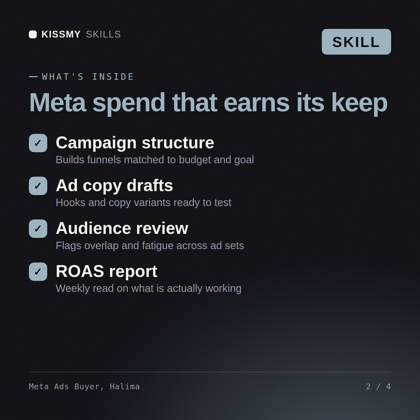 What's inside the Meta Ads Buyer, Halima AI skill: Campaign structure, Ad copy drafts, Audience review, ROAS report