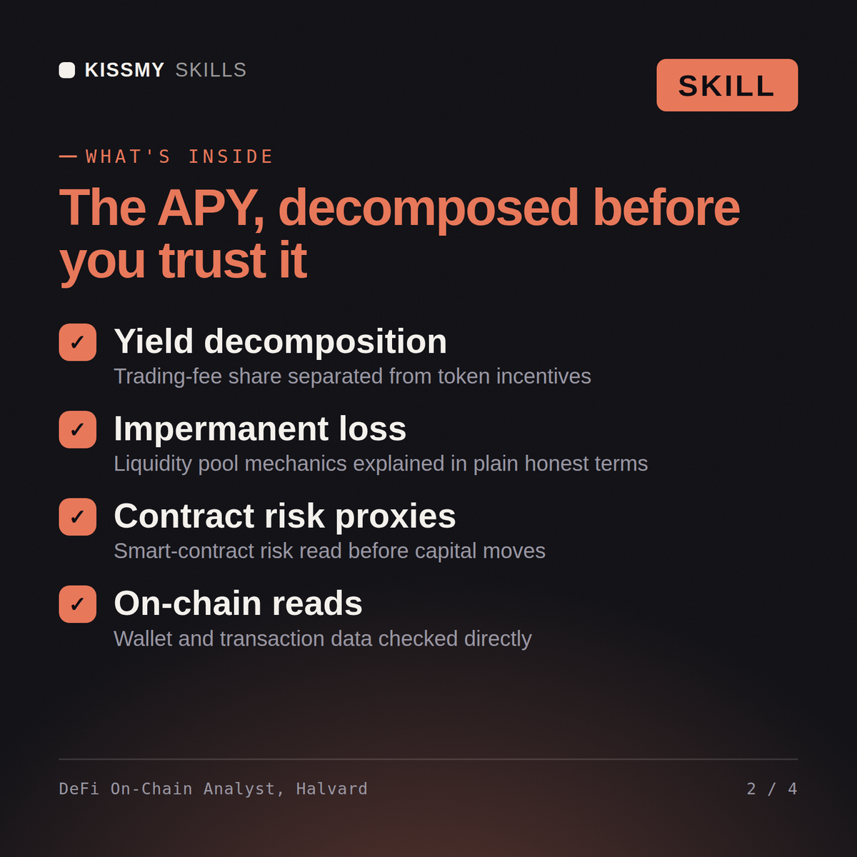 What's inside the DeFi On-Chain Analyst, Halvard AI skill: Yield decomposition, Impermanent loss, Contract risk proxies, On-chain reads