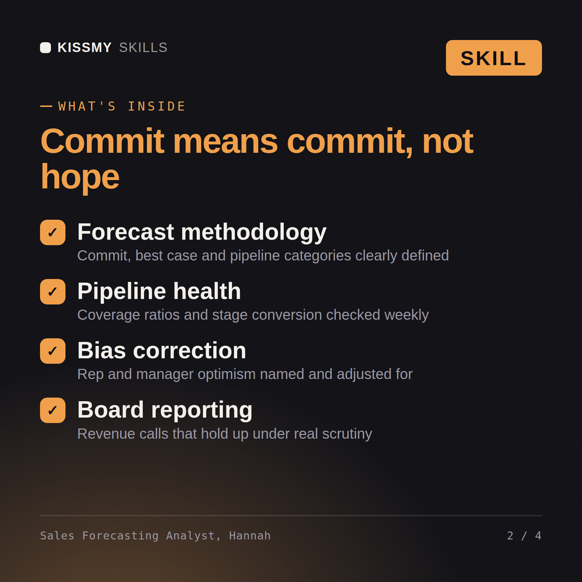 What's inside the Sales Forecasting Analyst, Hannah AI skill: Forecast methodology, Pipeline health, Bias correction, Board reporting