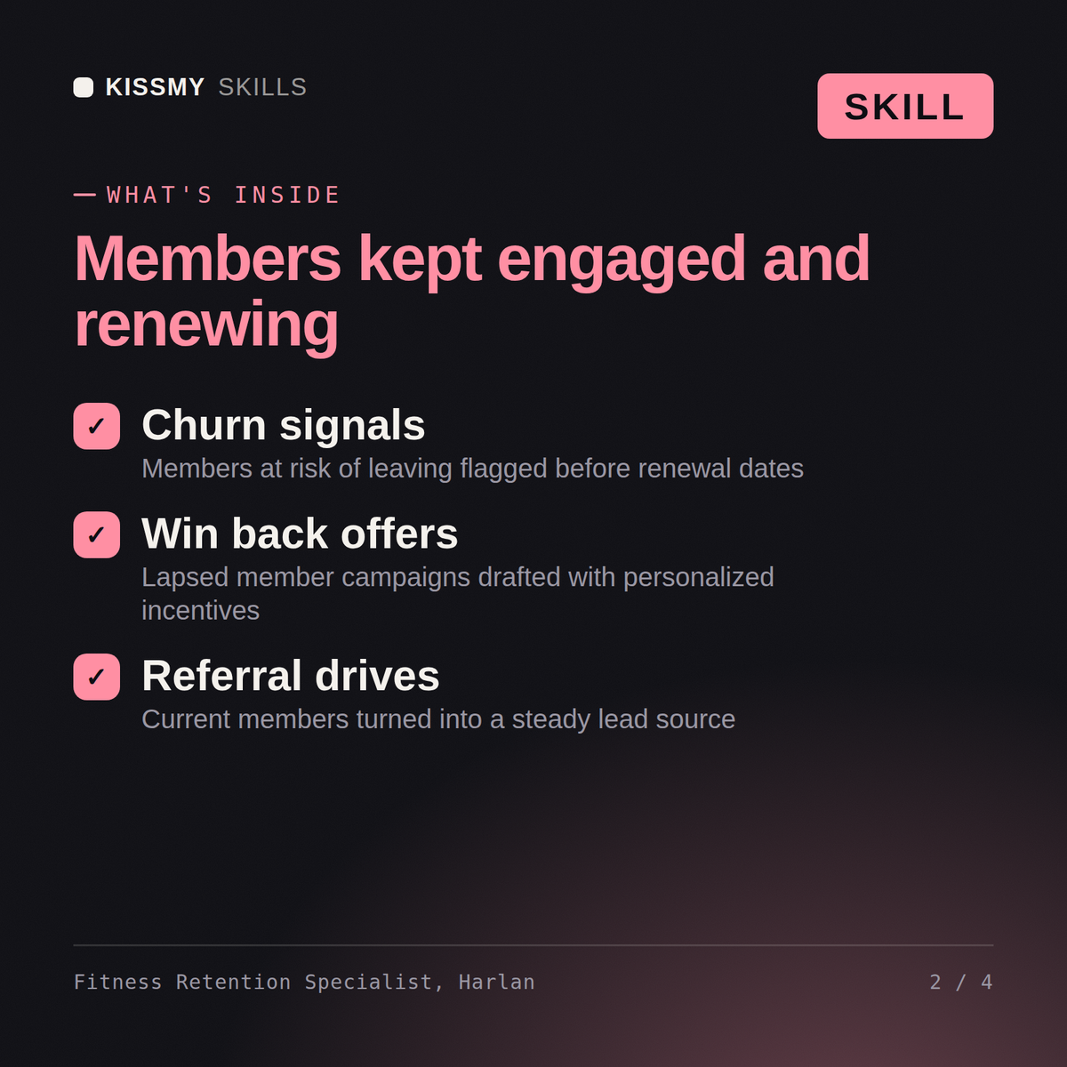 What's inside the Fitness Retention Specialist, Harlan AI skill: Churn signals, Win back offers, Referral drives