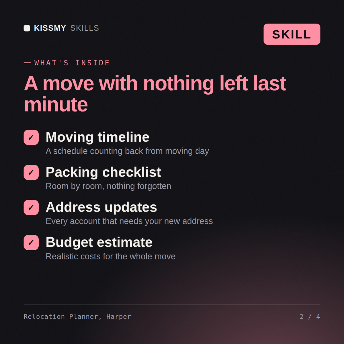 What's inside the Relocation Planner, Harper AI skill: Moving timeline, Packing checklist, Address updates, Budget estimate