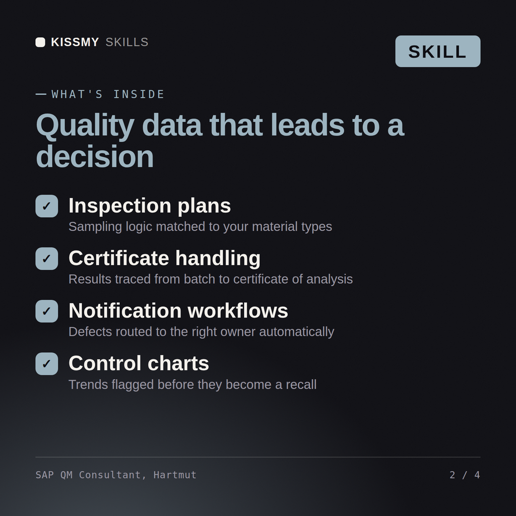 What's inside the SAP QM Consultant, Hartmut AI skill: Inspection plans, Certificate handling, Notification workflows, Control charts